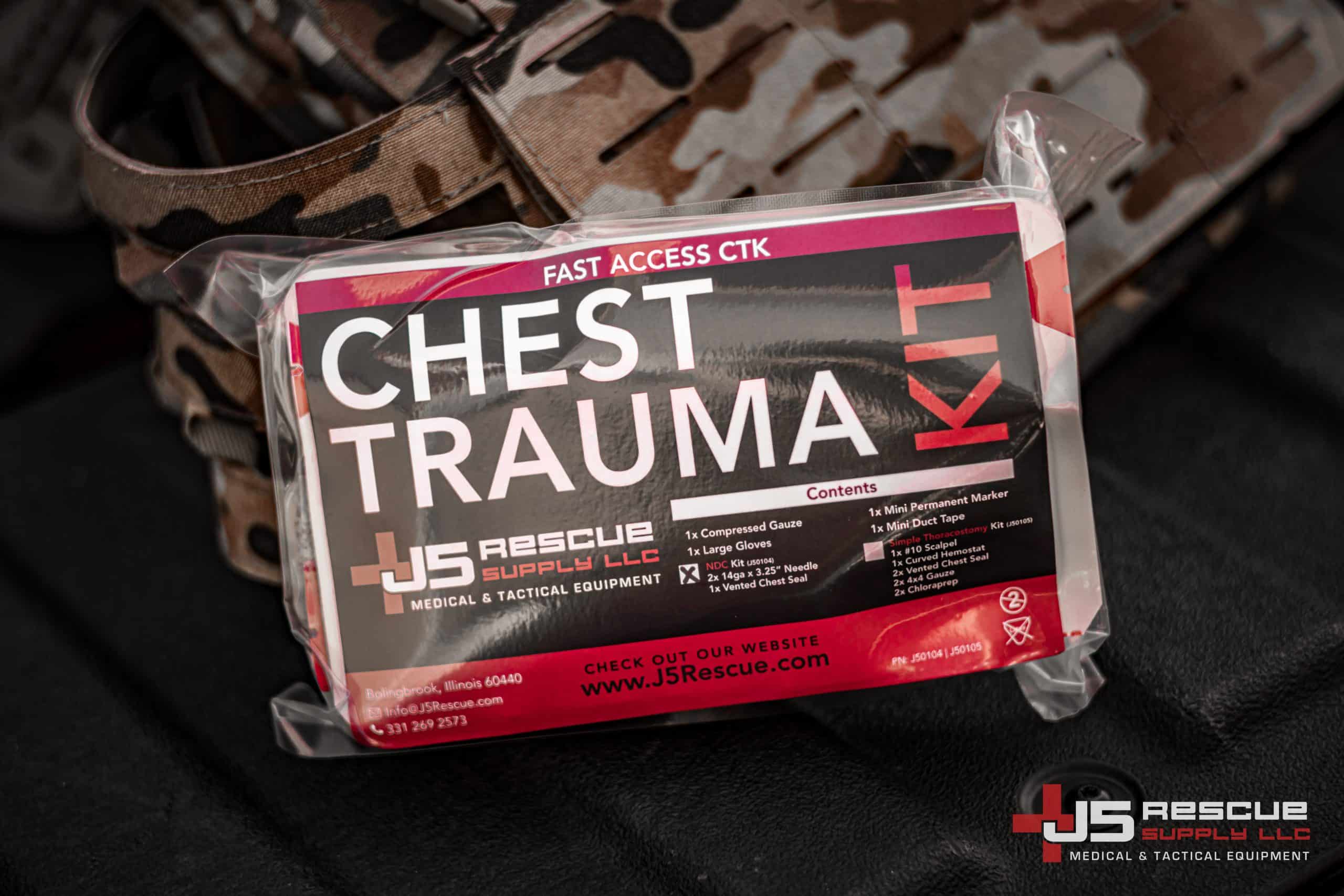 JS Rescue Vacuum-Sealed Chest Trauma Kit (CTK) Contents: - Wound Seal - Gauze - Tape - Marker - Instructions Kit labeled "JS Rescue