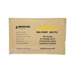 Beige packet labeled "Water-Jel Burn Dressing | 4" x 4"" from Water-Jel Technologies. Contains sterile